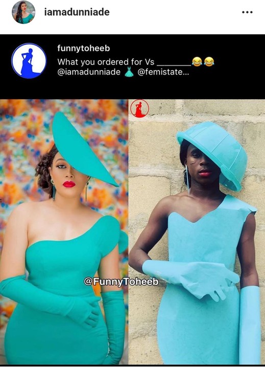 Actress Adunni Ade who celebrated her birthday two days ago with her stunning outfit.  Instagram comedian, Funny Toheeb is at it again as he recreates her outfit, she reacts.  He said what you ordered VS what you got Lordy!  You kilt it @funnytoheeb