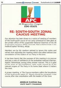 The All Progressives Congress (APC) in Edo State has rejected an emergency caucus meeting called by the South-South region of the party. The meeting, scheduled to take pla