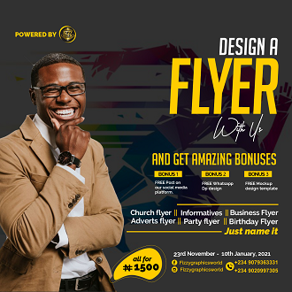You need a Top Notch flyer design for your brand and other essential purposes. Then what are you waiting for, FIZZYGRAPHICS is giving out a discount of 40% in every flyer design you make with them such as: