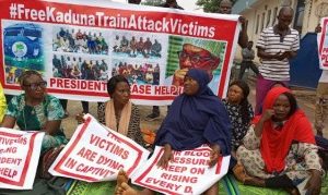 BREAKING: Families of Kidnapped Train Victims Protest at Transportation Ministry (Photo)