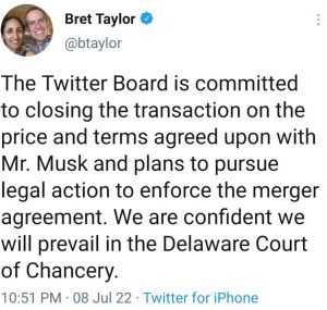 Musk: Twitter Taking Legal Action To enforce Agreed Deal