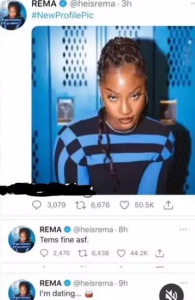  Social media users are reacting after superstar singer, Rema stated that his female colleague, Tems is beautiful and would love to date her.  The songstress who bagged two awards at the BET 2022 caught the attention of Rema who began gushing over her lately.  Taking to his Twitter handle, Rema first took down his profile photo and replaced it with a picture of Tems.  He went on to admire Tems’ beauty while stating that he’s interested in dating her.  He Wrote:  “Tems fine asf.  I’m dating…..”.