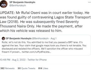 Court Fines Rufai Oseni ₦70,000 For Driving On BRT Lane.
