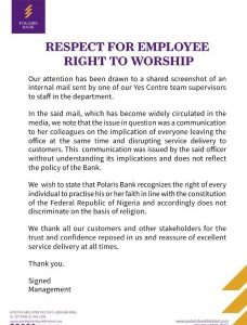 Polaris Bank Reacts To Accusations Of Religious Intolerance