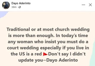 Any woman who insists you must do a court wedding is a red flag – Nigerian man tells men