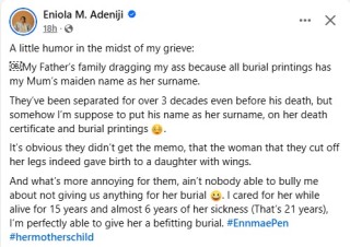 They’ve been separated for 30 years – Nigerian lady says her father’s family is dragging her for using her late mum’s maiden name in burial printings